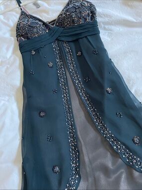 Vintage Y2K beaded silk spaghetti strap babydoll mini cocktail dress